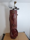 Vintage Spalding Vinyl/Leather Cart Carry Golf Bag 36x11?  W/ 10 Golf Irons